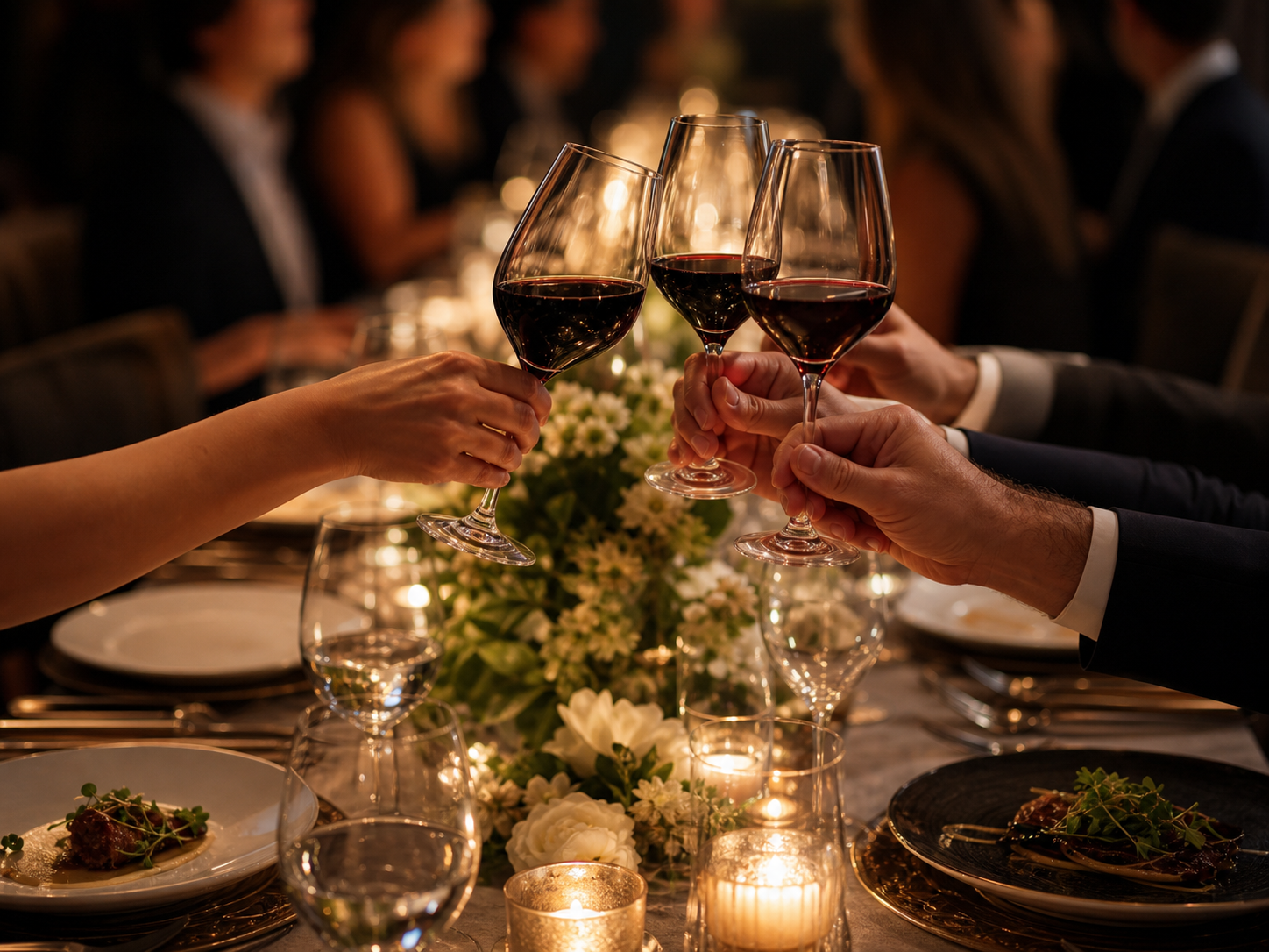 Corporate guests toasting over an elegant candlelit table