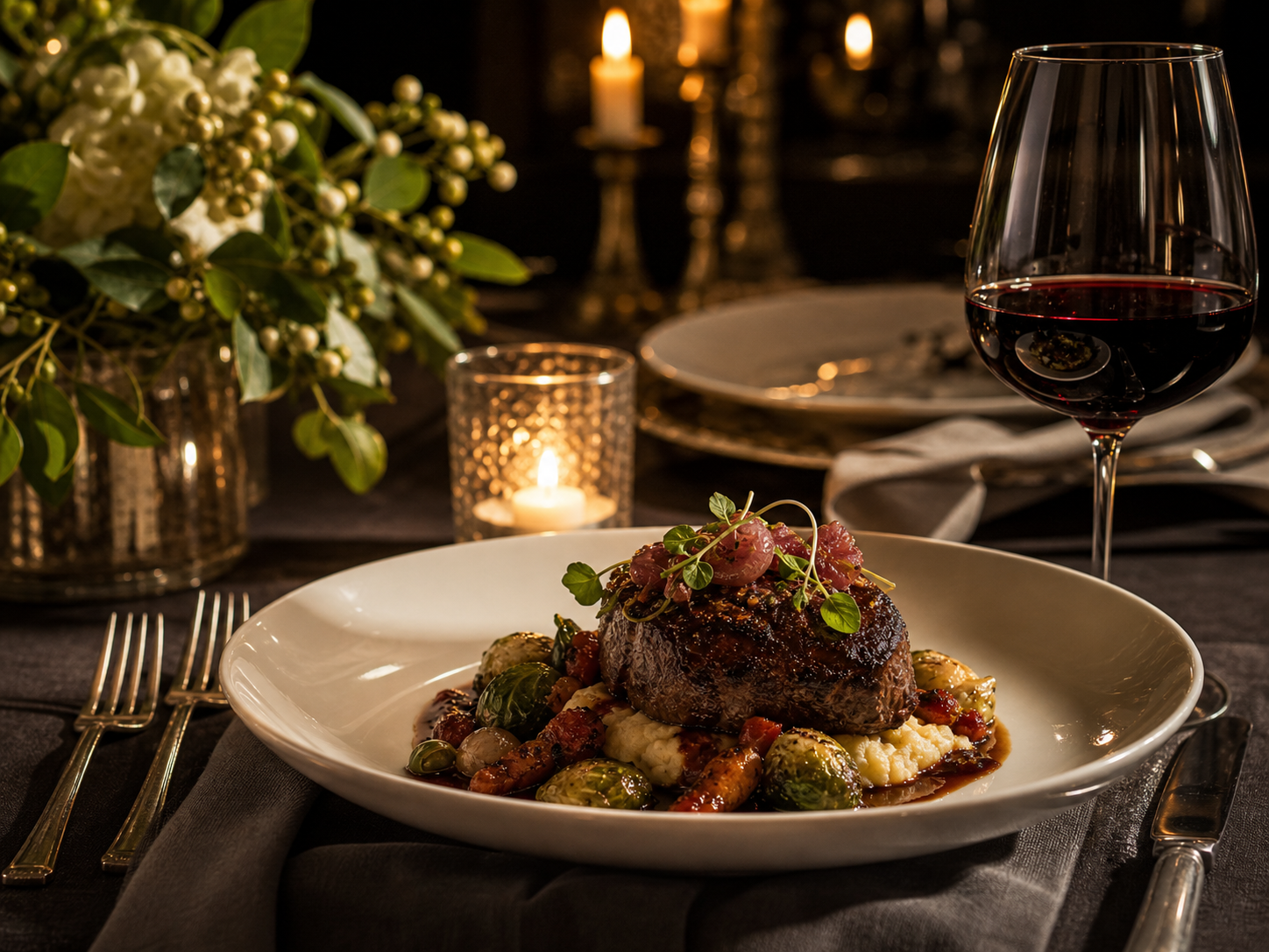 Elegant candlelit private dinner table with plated entree