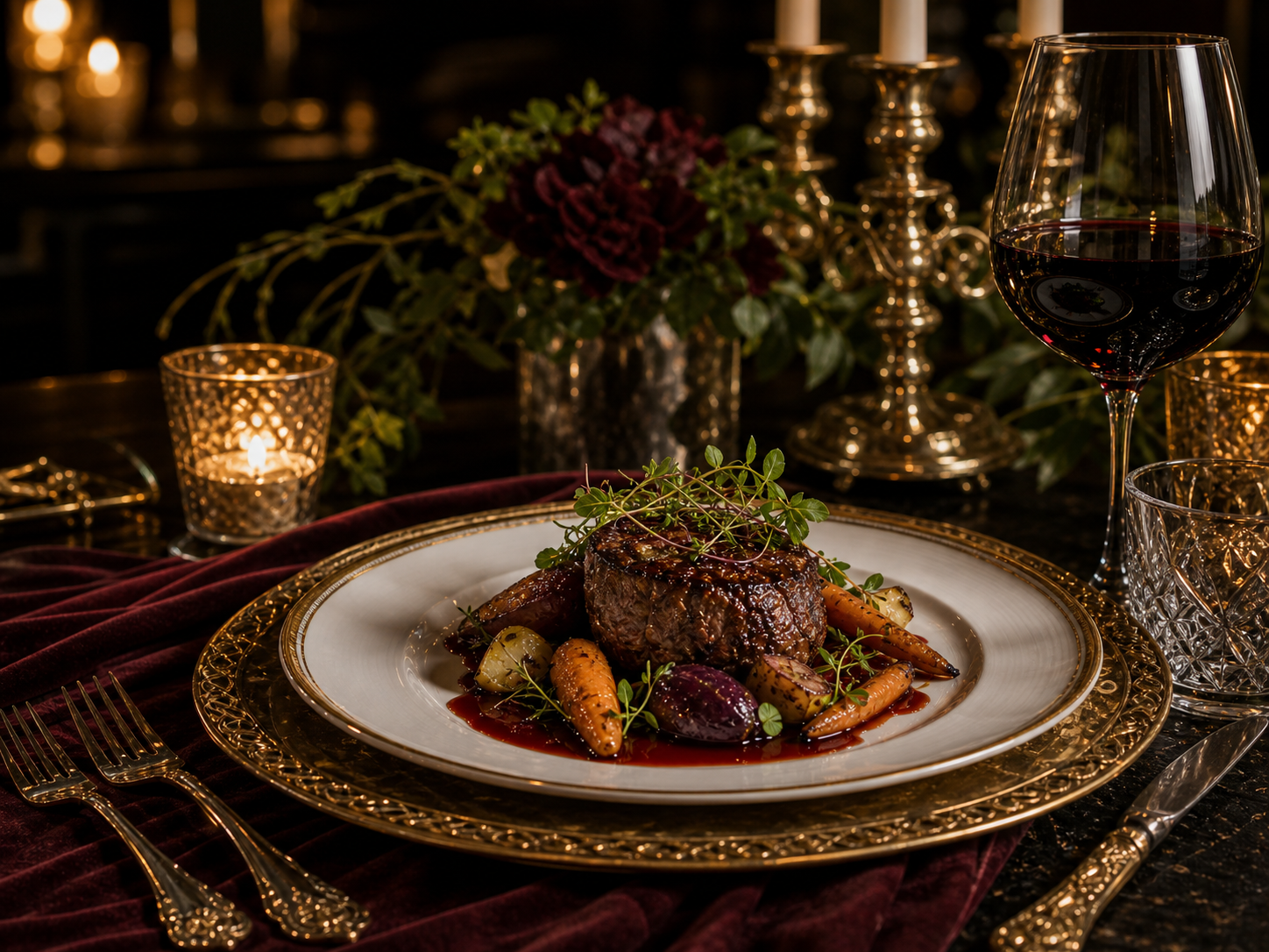 Opulent sit-down dinner setting with plated entree and crystal glassware